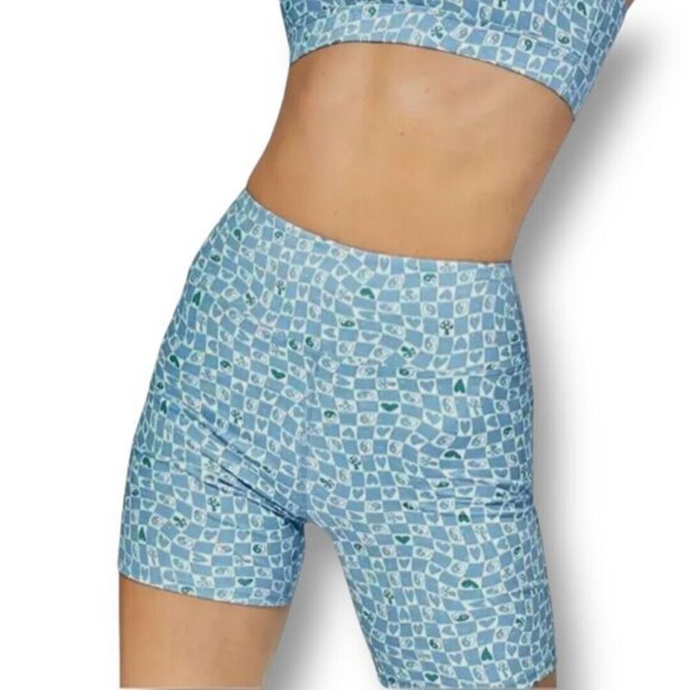 NWT EleVen by Venus Williams‎ S Sky Blue Biker Shorts Retro Print Active Gym Yog